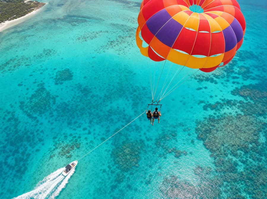 Looking down at the parasail and the lagoon from high above
