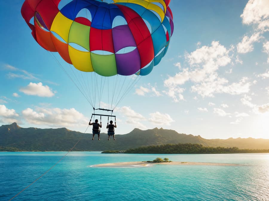 Colourful parasail canopy carrying two riders above the lagoon at golden hour