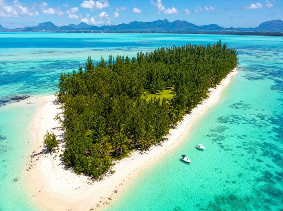 Aerial view of a white sand island surrounded by a turquoise lagoon in Mauritius