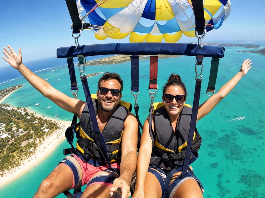 Two passengers smiling in a tandem parasailing harness above a turquoise lagoon